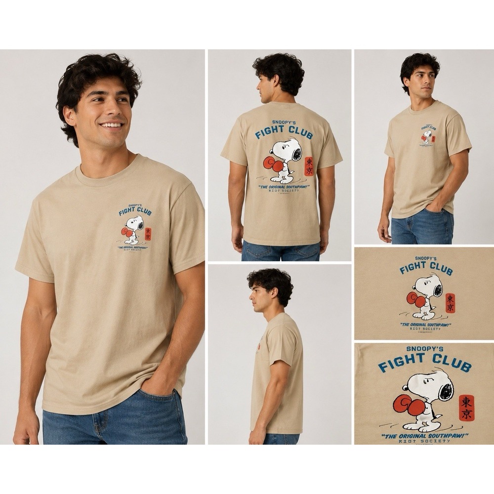 Riot Society Peanuts Snoopy Fight Club Shirt Mens S Tan Boxing Graphic
